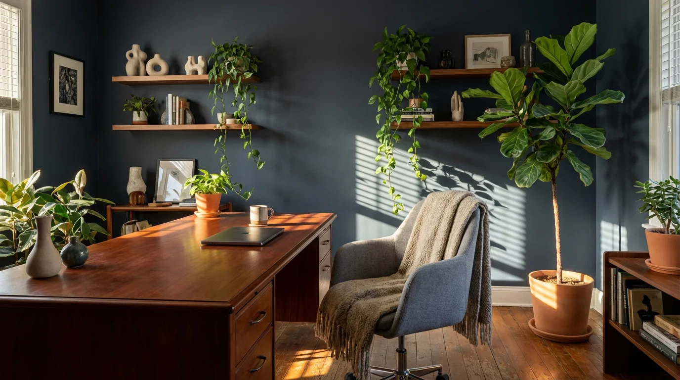 Moody home office with plants, warm wood textures, and dramatic afternoon lighting.