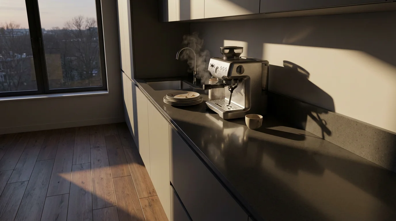 Moody wide photograph of a modern kitchen counter with finished dinner plates and an espresso machine.