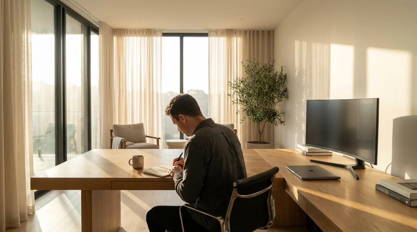 Morning routine: Developer journaling proactively at a clean modern desk before turning on computer.