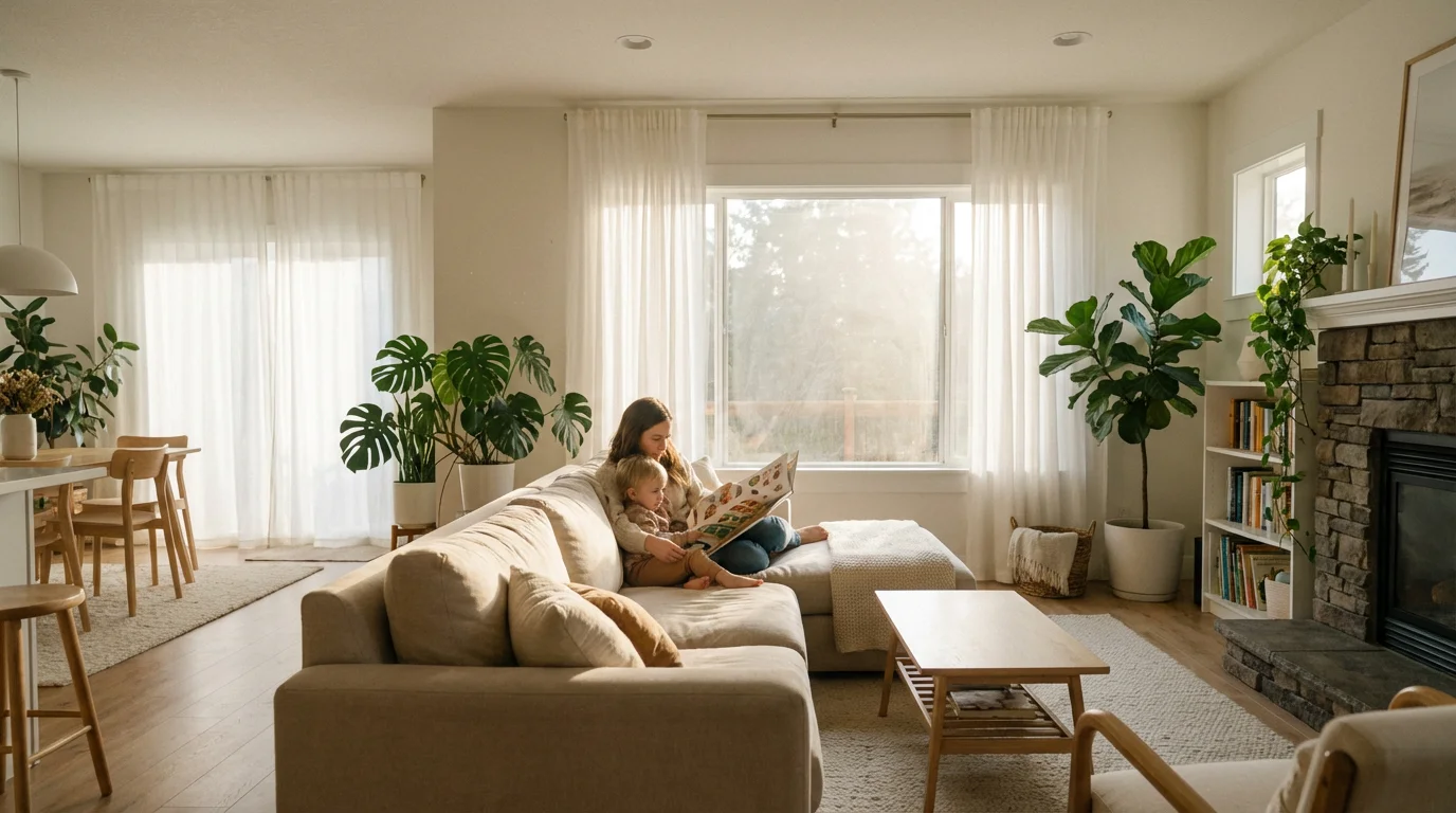 Mother and child reading together on a sofa in a sunlit living room without devices.