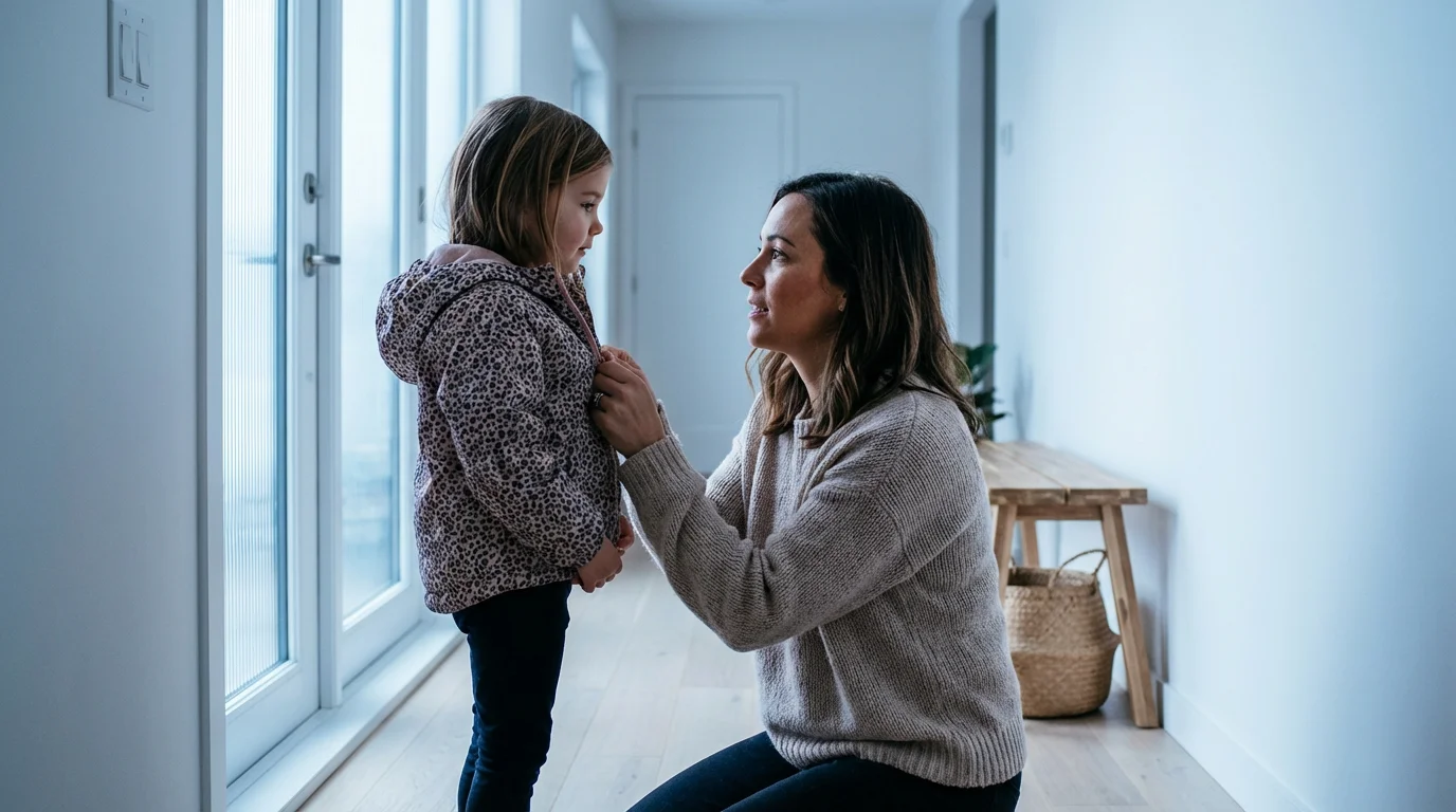 Mother kneeling in hallway helping daughter with jacket, demonstrating focused parenting and morning routines.