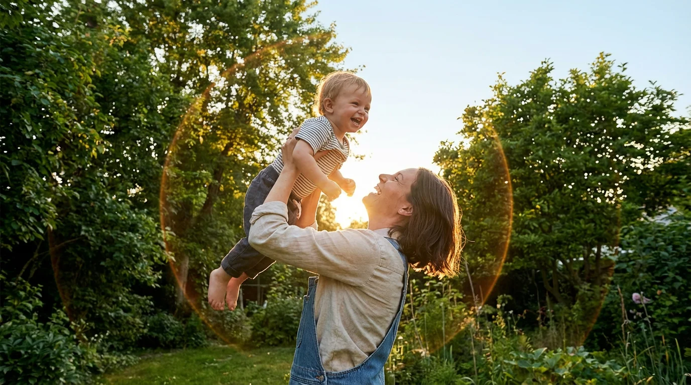 Mother lifting toddler outdoors during golden hour, representing undivided attention and work-life balance.