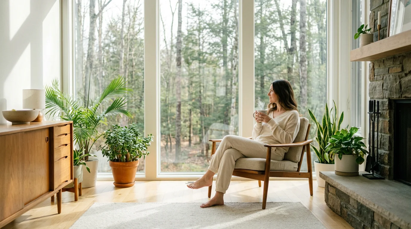 Mother relaxing in sunny living room armchair holding tea cup for self-care moment.