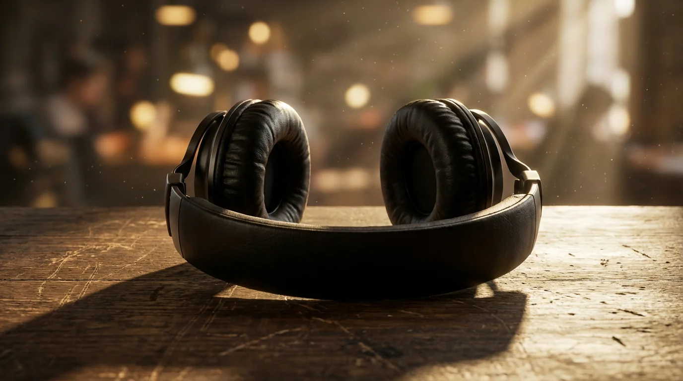 Noise-canceling headphones on a wooden desk bathed in dramatic afternoon sunlight and shadows.