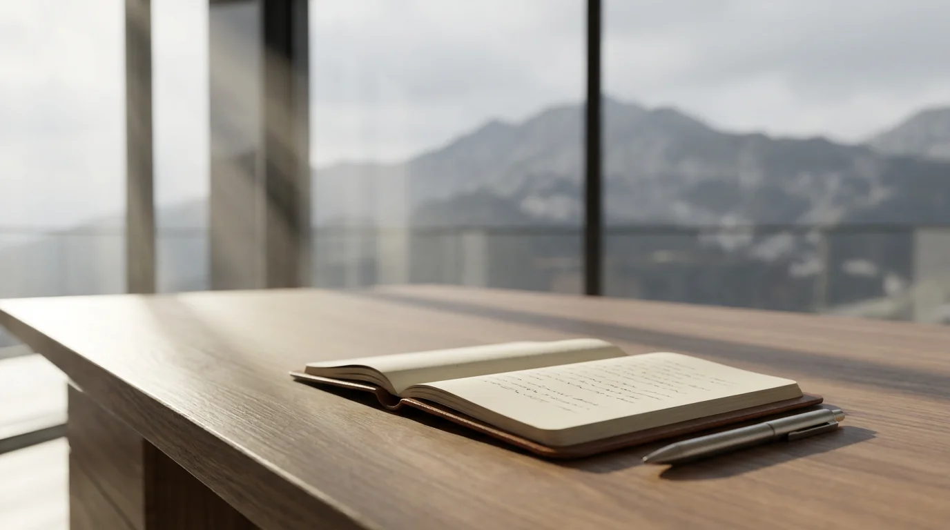 Notebook on desk, low angle, showing immediate steps against blurred distant goal mountain vista.