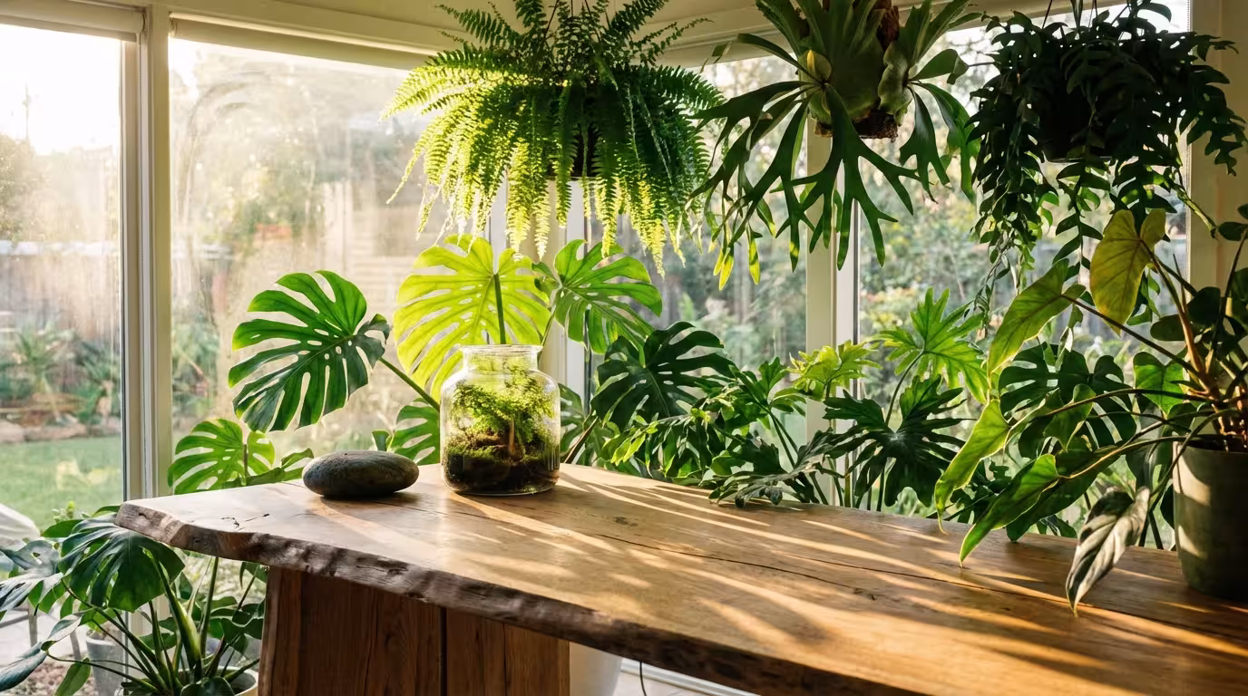 Oak desk surrounded by lush indoor plants bathed in warm golden hour sunlight.