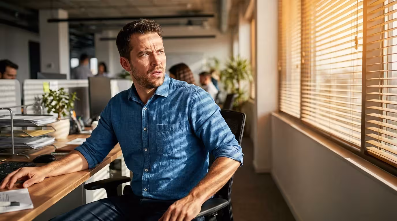Office worker distracted by sudden noise with dramatic afternoon shadows across face.
