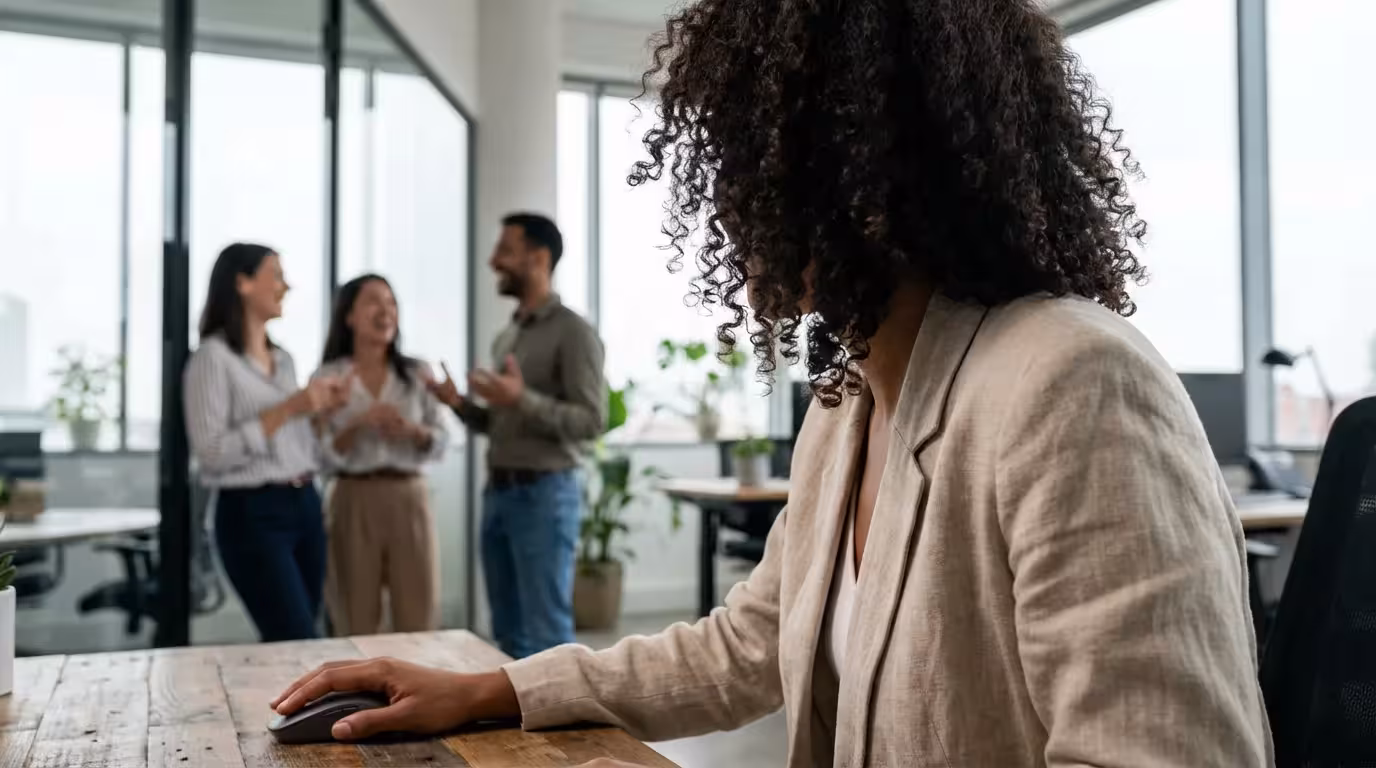 Office worker trying to focus while colleagues chat loudly in the background.