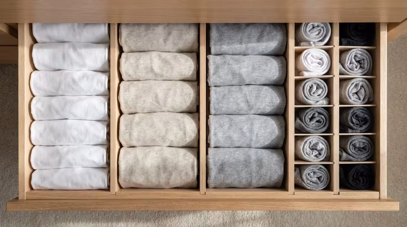 Open dresser drawer with vertically folded t-shirts and organizers in natural light.