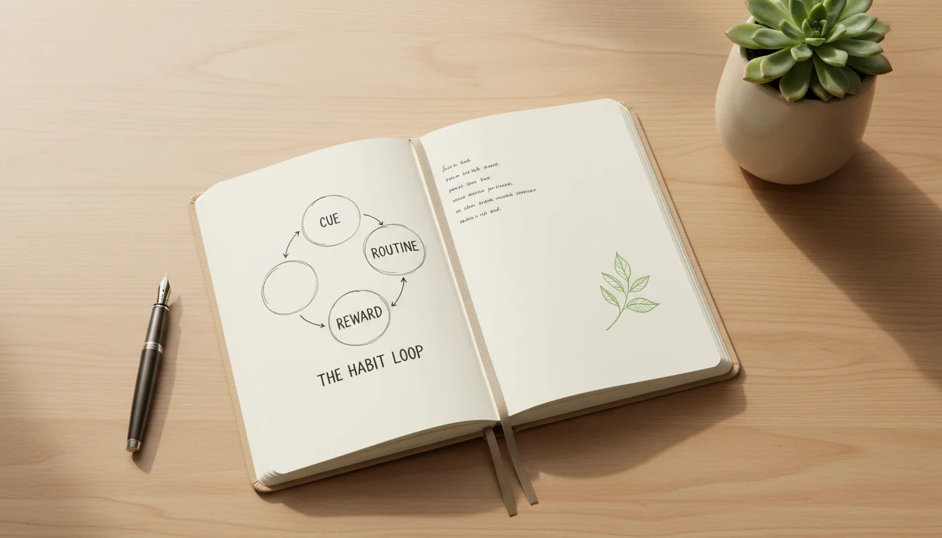 Open journal on a wooden desk showing a hand-drawn habit loop diagram. A pen and small plant are nearby.