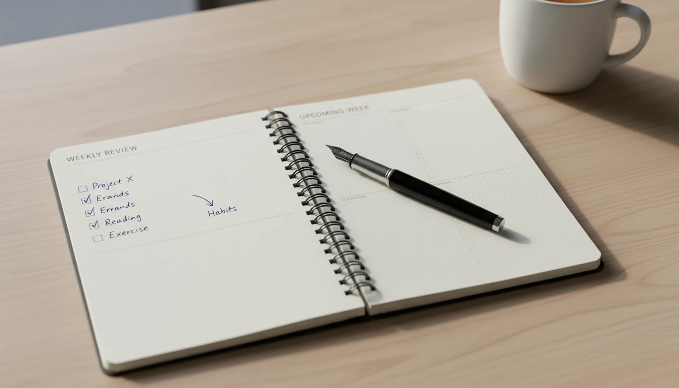 Open planner on a light wooden desk, left page with completed tasks, right page blank for new plans. A pen rests on the spine.