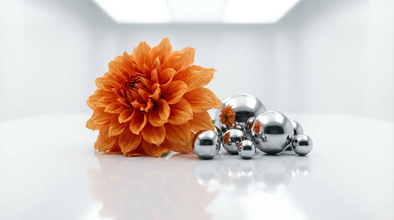 Orange flower next to chrome ball bearings on white surface representing mixed ideas.