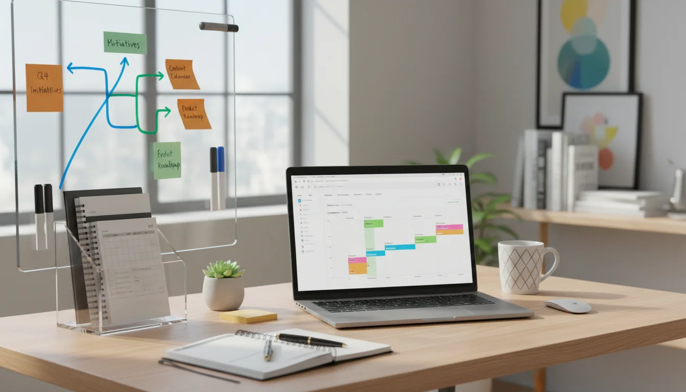 An organized desk with a laptop displaying a digital project timeline and a whiteboard covered in colorful sticky notes, illustrating a reverse planni