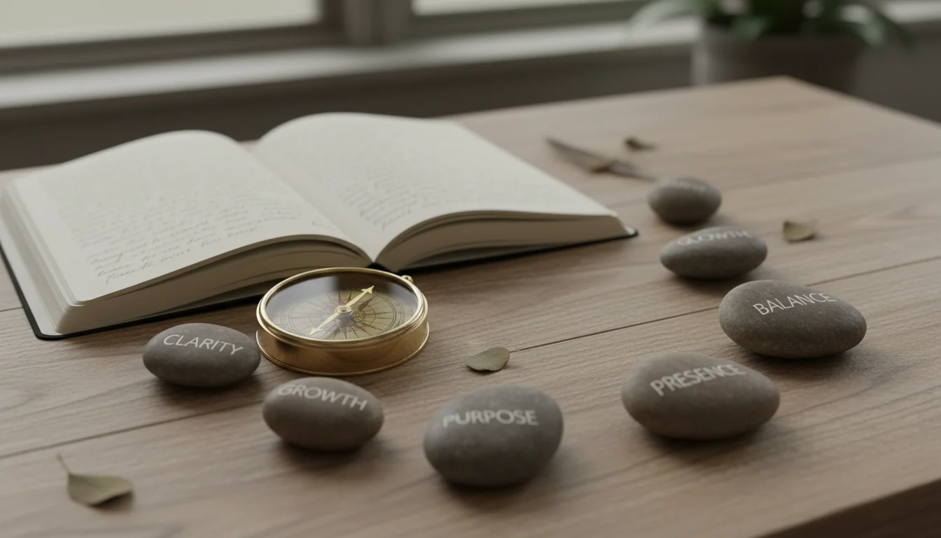 Organized desk scene with an open journal, an aged brass compass, and smooth stones etched with core value words.