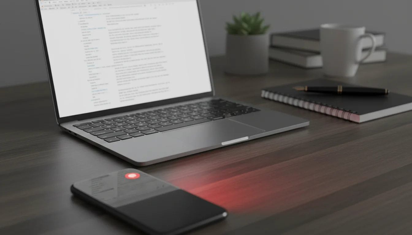 An organized desk with an open laptop, notebook, and a smartphone glowing with a notification badge, symbolizing digital distraction.