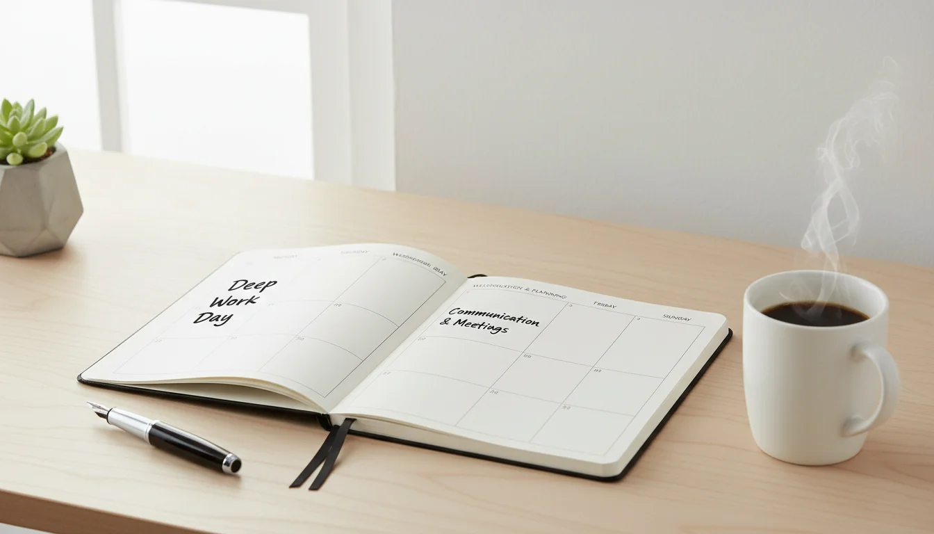 An organized desk with an open weekly planner showing 'theme day' labels like 'Deep Work Day' and 'Admin & Planning'.