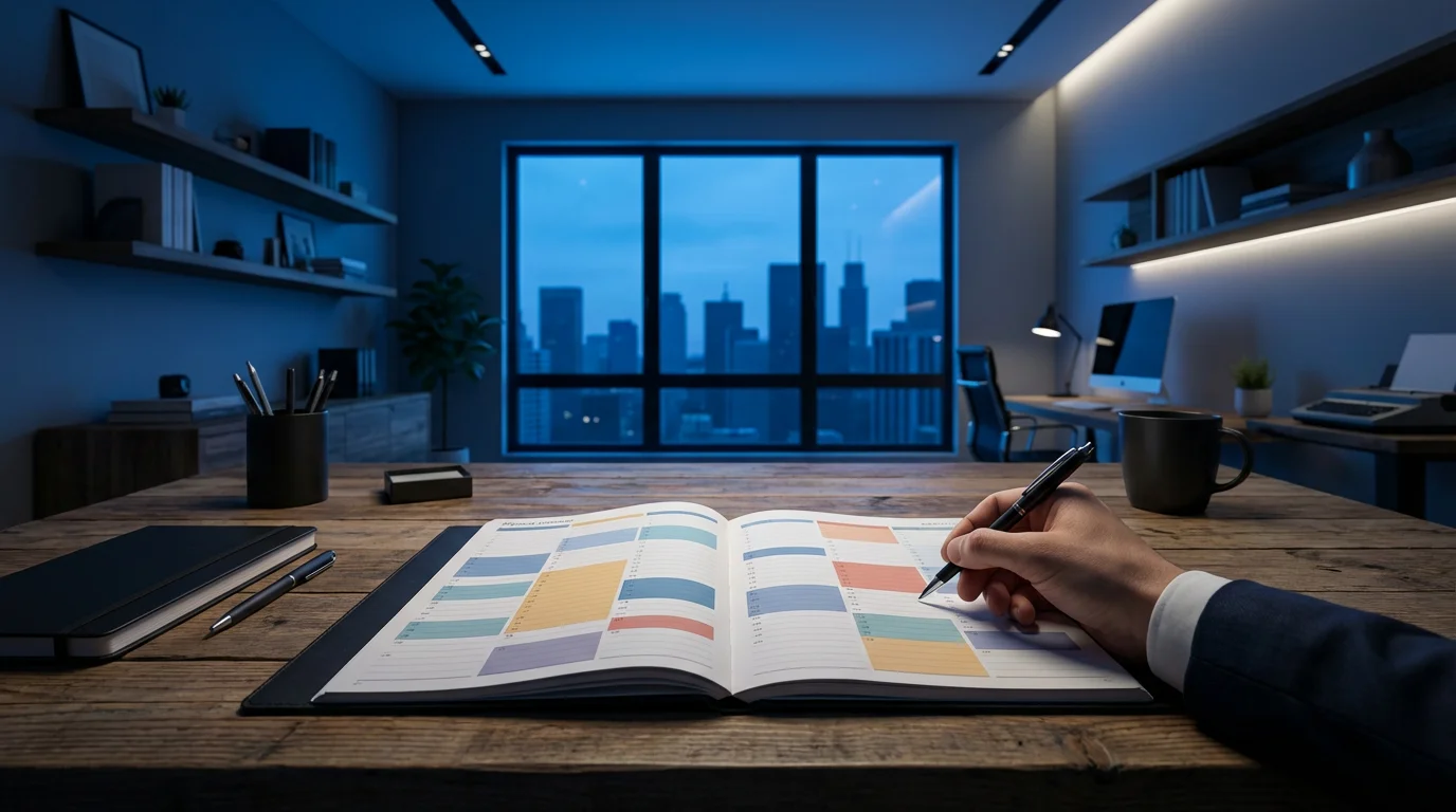 Organized desk with open calendar showing time blocks during blue hour planning session.