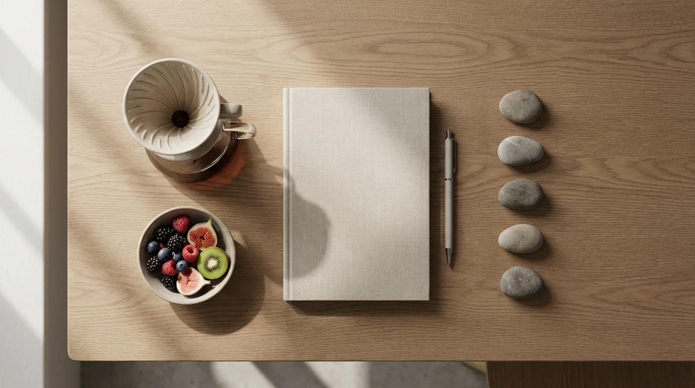 Organized flat lay of desk with coffee and stones arranged to symbolize daily habits