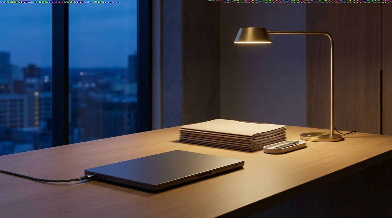 Organized home office desk with closed laptop and lamp lighting during evening blue hour.