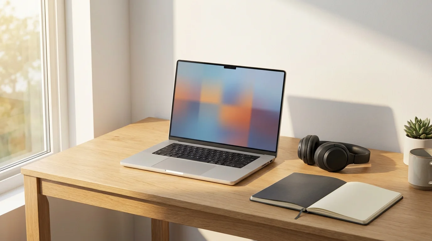 Organized home office desk with headphones, journal, and focused laptop screen in warm light.