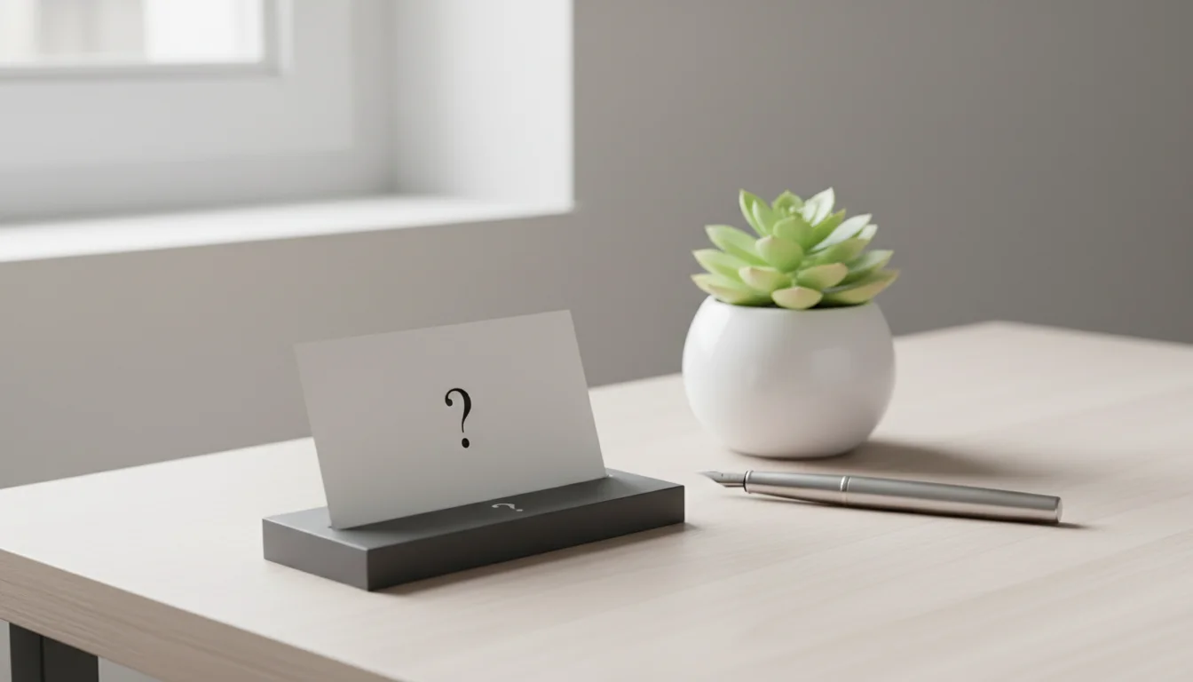 Organized light wood desk corner with a card holder, a pulled-out card showing a question mark, a pen, and a succulent.