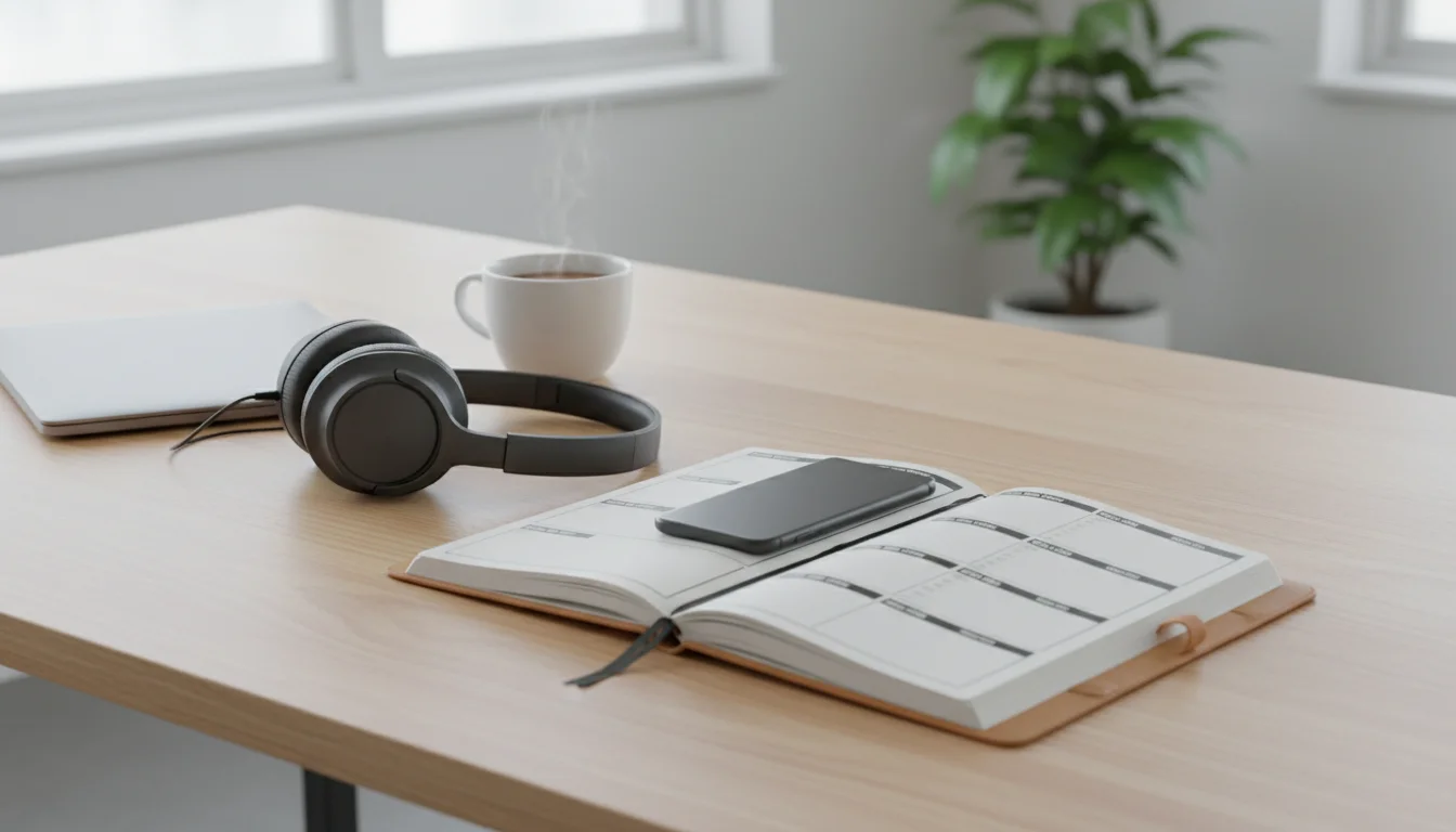 An organized, minimalist desk with a face-down smartphone, an open analog planner showing scheduled email check-ins, noise-canceling headphones, and a