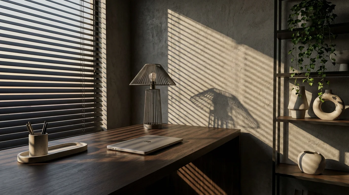 Organized minimalist home office desk with dramatic afternoon shadows and concrete walls.
