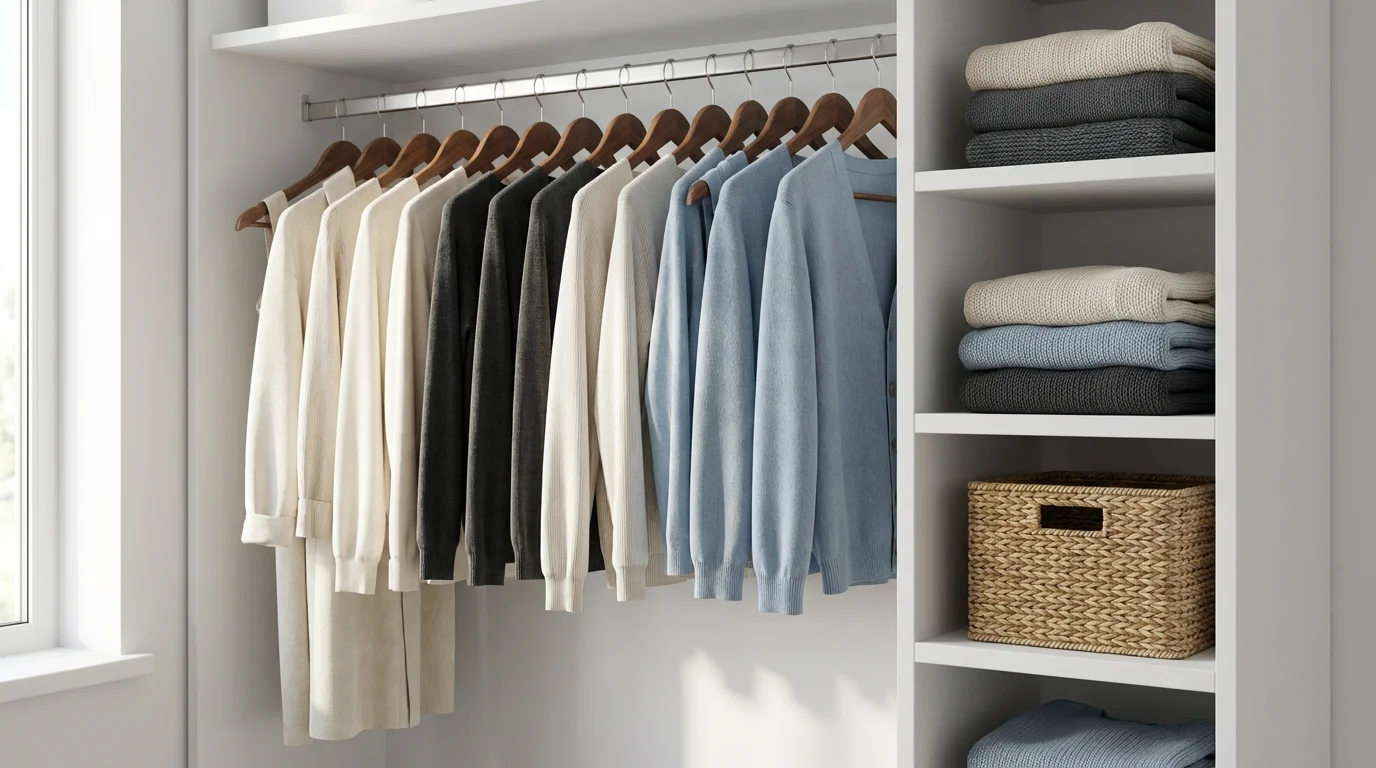 Organized minimalist open closet with matching hangers and neatly folded clothes in natural light.
