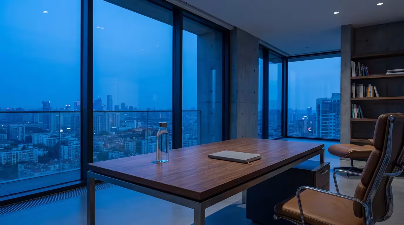 Organized modern home office desk at blue hour with water bottle and notebook