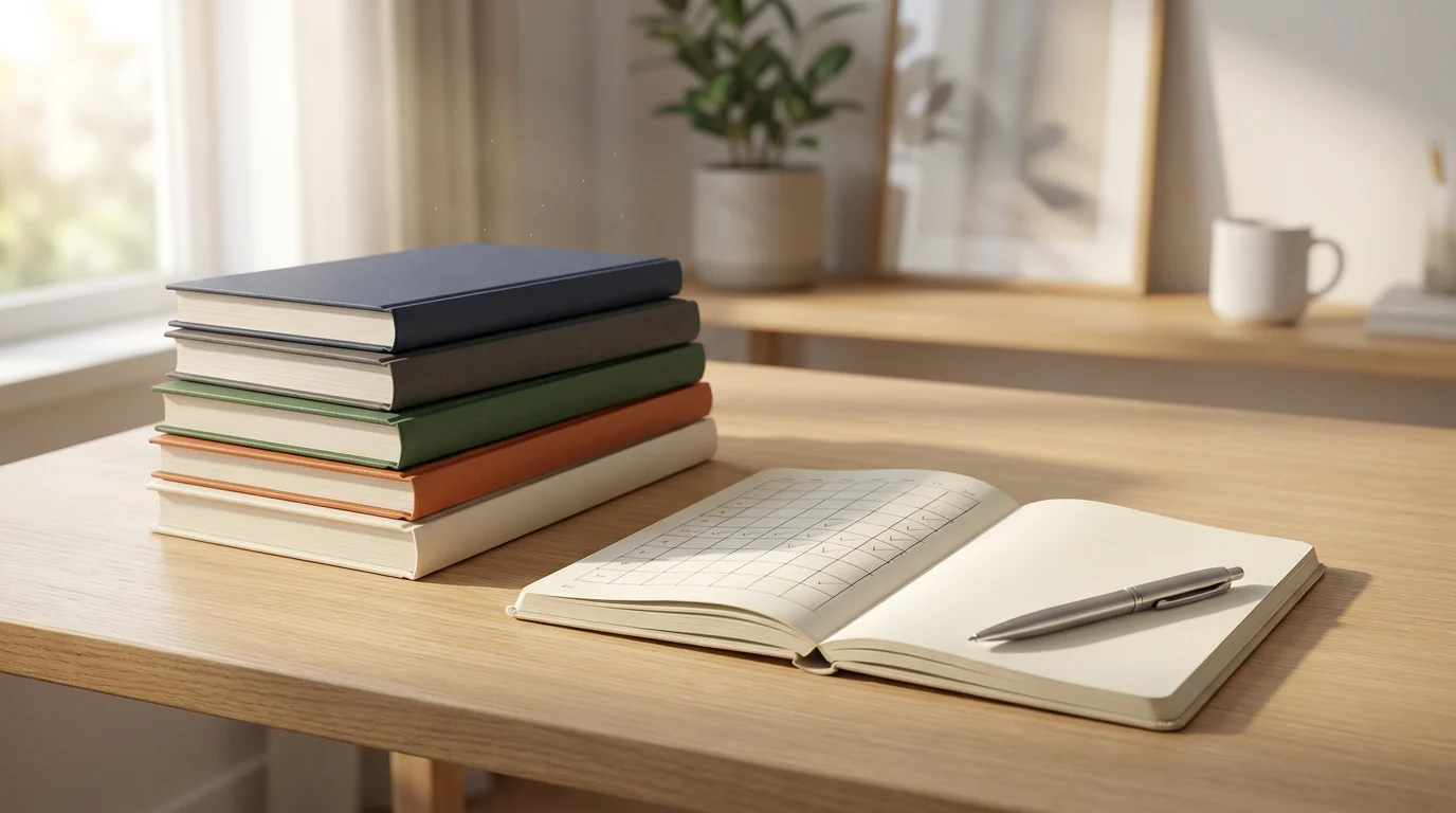 Organized stack of unmarked books next to a journal and pen, illuminated by soft morning light.