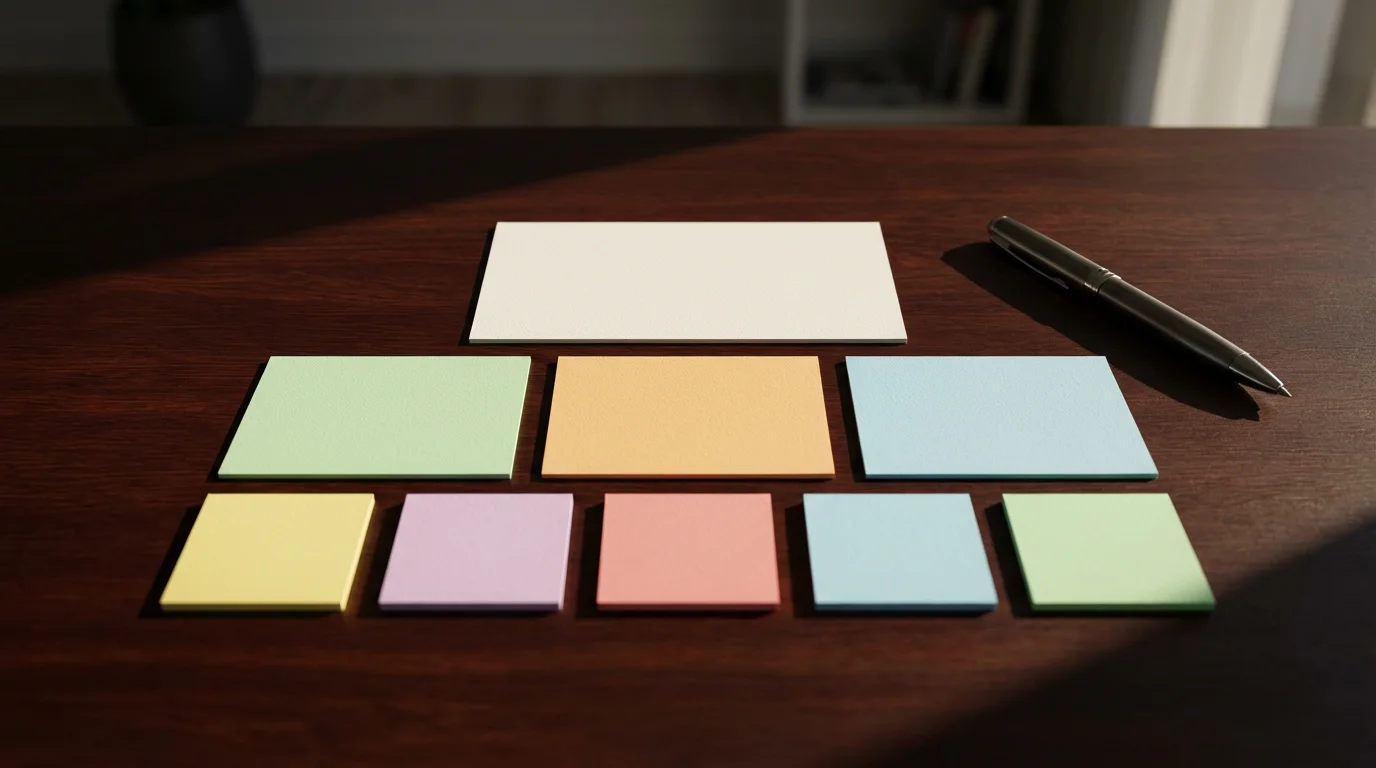 Organized sticky notes on a dark desk displaying the 1-3-5 task prioritization structure under moody light.