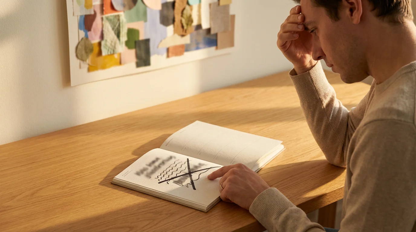 Over-the-shoulder photo of a person analyzing a slip-up in a planner during golden hour.