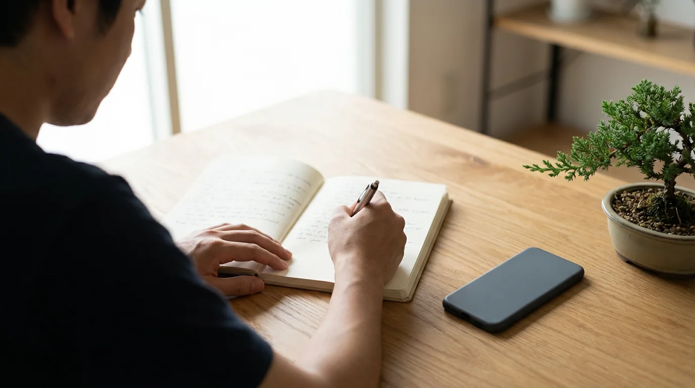 Over-the-shoulder photo of a person focusing on writing next to a phone and a small bonsai plant.