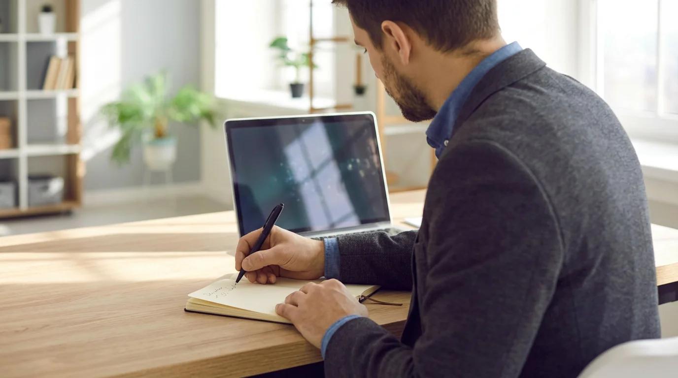 Over-the-shoulder photo of a person logging habits in a notebook during a productivity snippet audit.