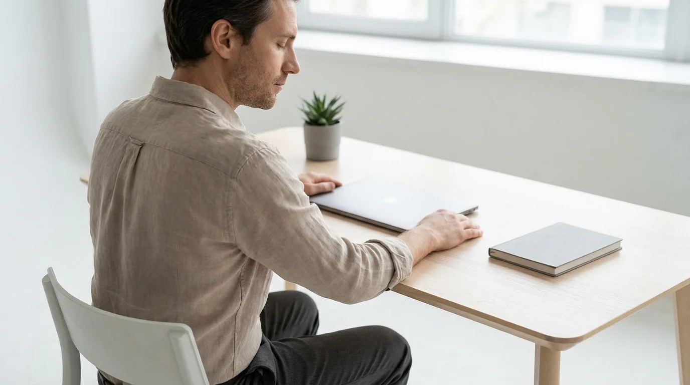 Over-the-shoulder photo of a person meditating at a clean desk before starting work.