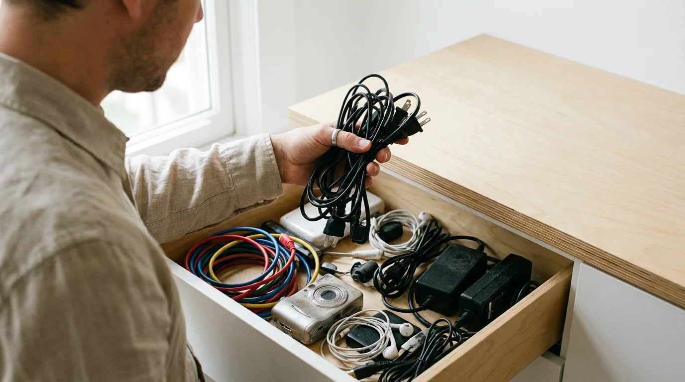 Over-the-shoulder photo of a person sorting tangled charging cables and old electronics in a drawer.