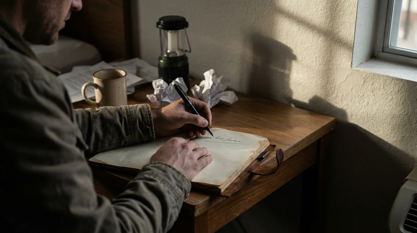 Over-the-shoulder photo of a person writing a resilient safeguard plan in a journal on a cluttered desk.