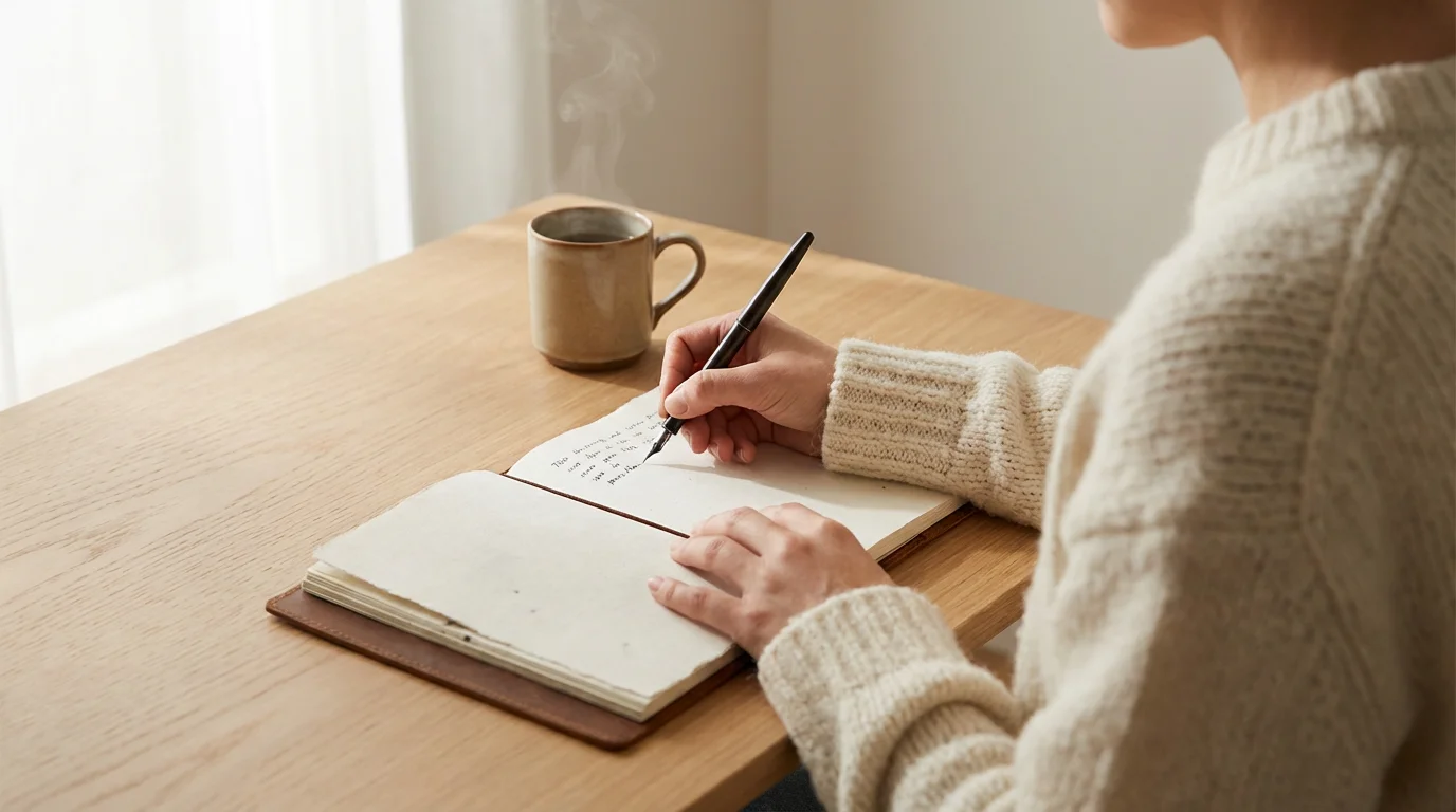 Over-the-shoulder photo of a person writing in a physical journal during a digital-free morning routine.