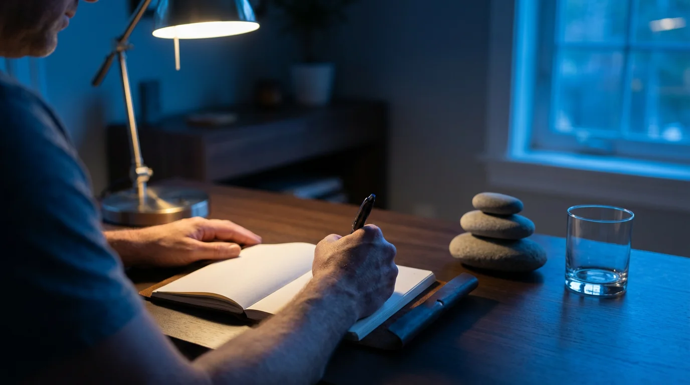 Over-the-shoulder photo of a person writing in a journal during blue hour, stacking small stones.
