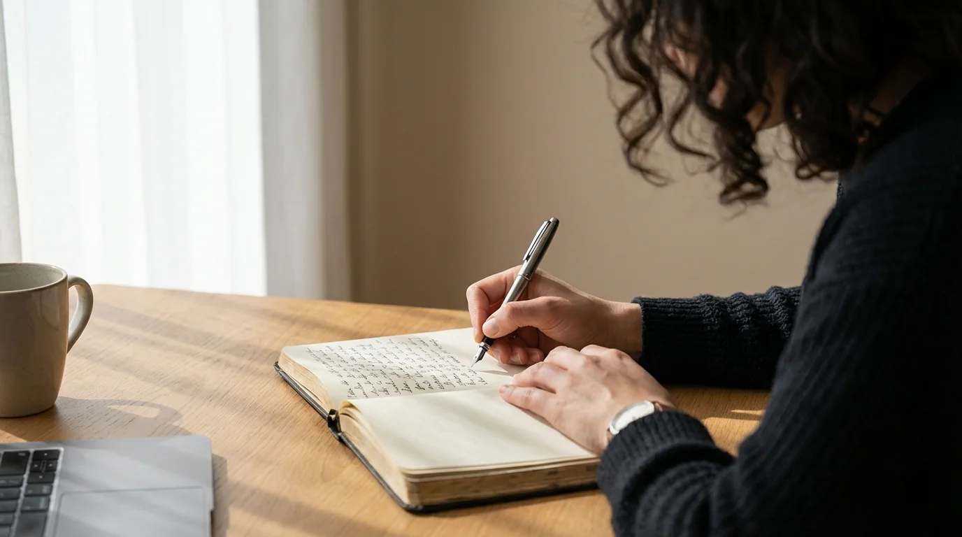 Over-the-shoulder photo of a person writing reflective notes in a journal by bright natural window light.