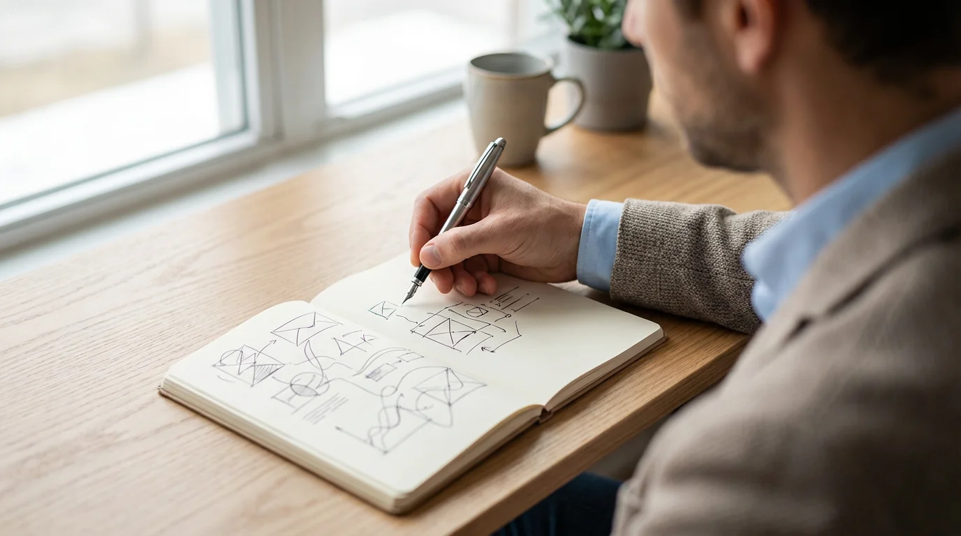 Over-the-shoulder photo of a person writing in a clean journal, symbolizing clear thought and flow.