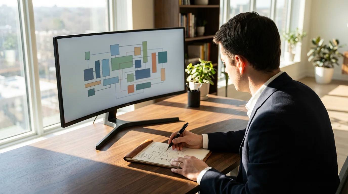 Over-the-shoulder photo of a professional executing a deep work ritual at a modern desk with moody shadows.