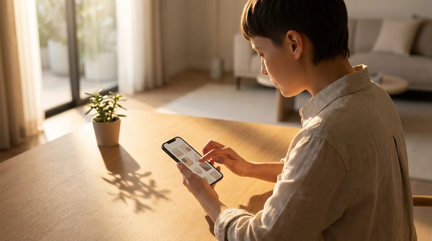 Over-the-shoulder photo of hands creating a minimalist phone home screen setup in warm light.