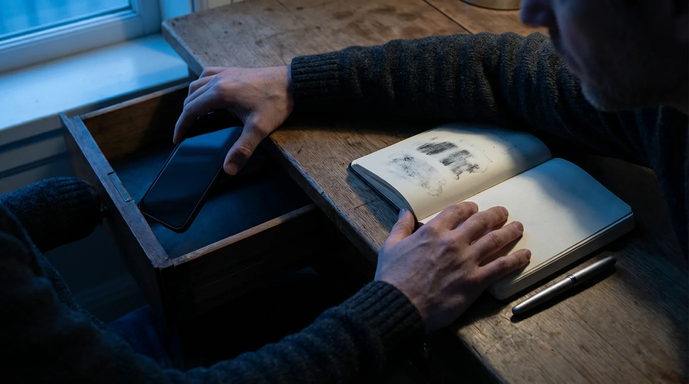 Over-the-shoulder photo of hands putting a smartphone in a drawer, leaving a journal open during blue hour.