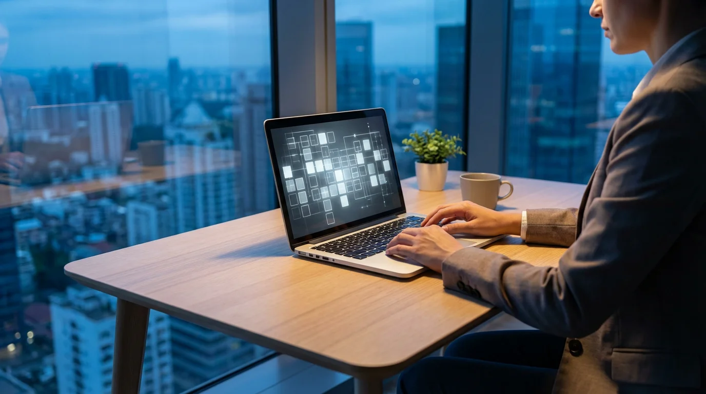 Over-the-shoulder photo of person working on a minimalist laptop during cool blue hour light.