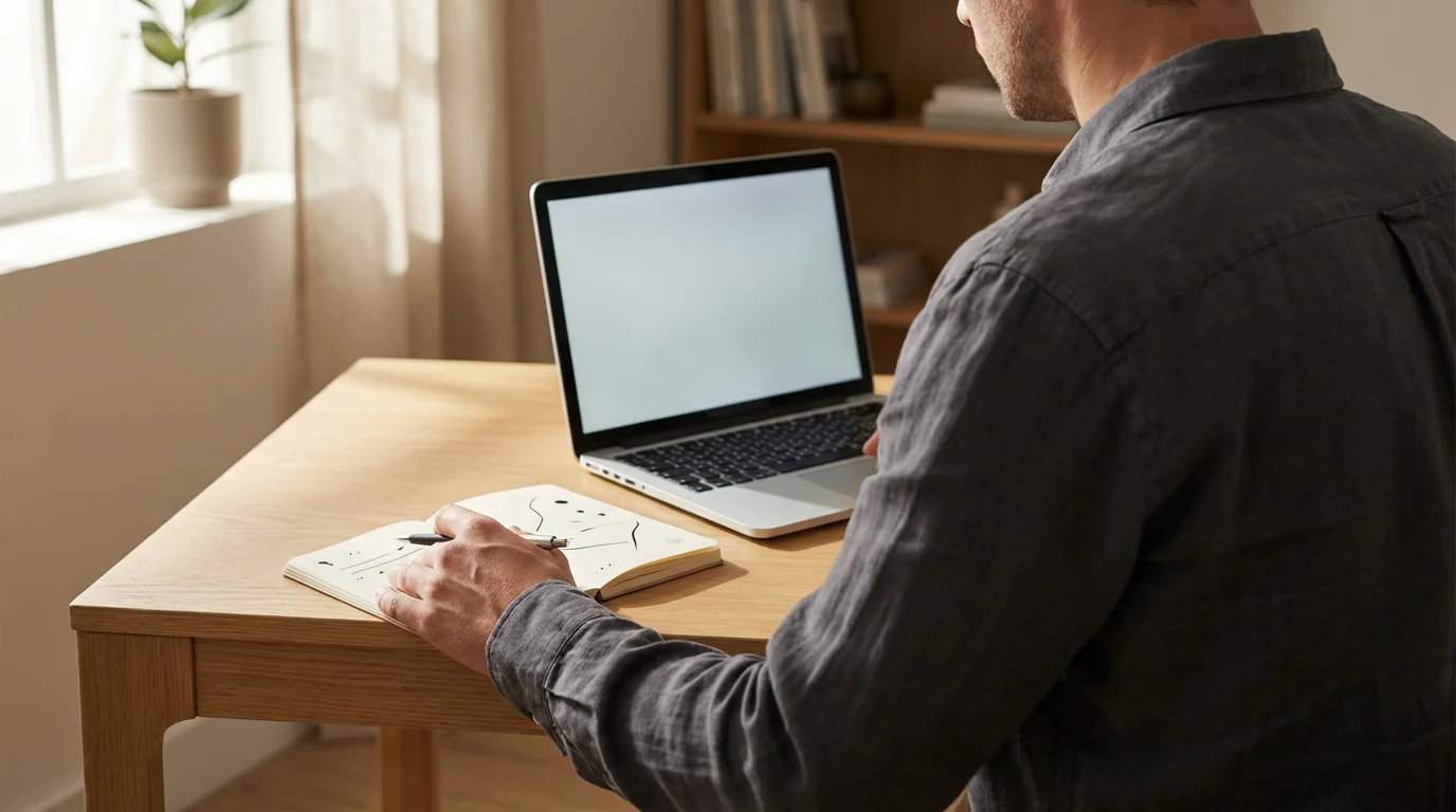 Over-the-shoulder photo showing a hand reviewing a planner next to an open laptop on a desk.