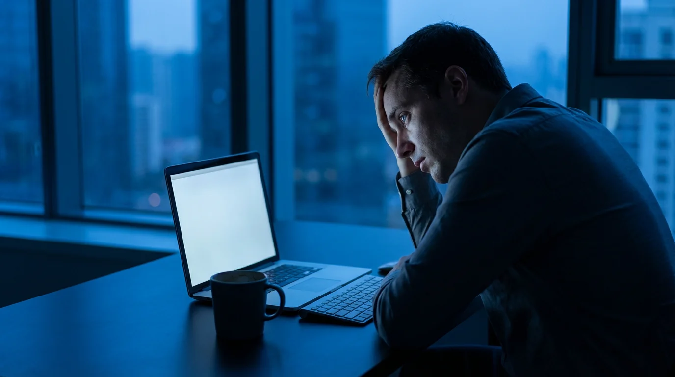 Over-the-shoulder photograph of a fatigued professional slumping at a dark desk during blue hour.