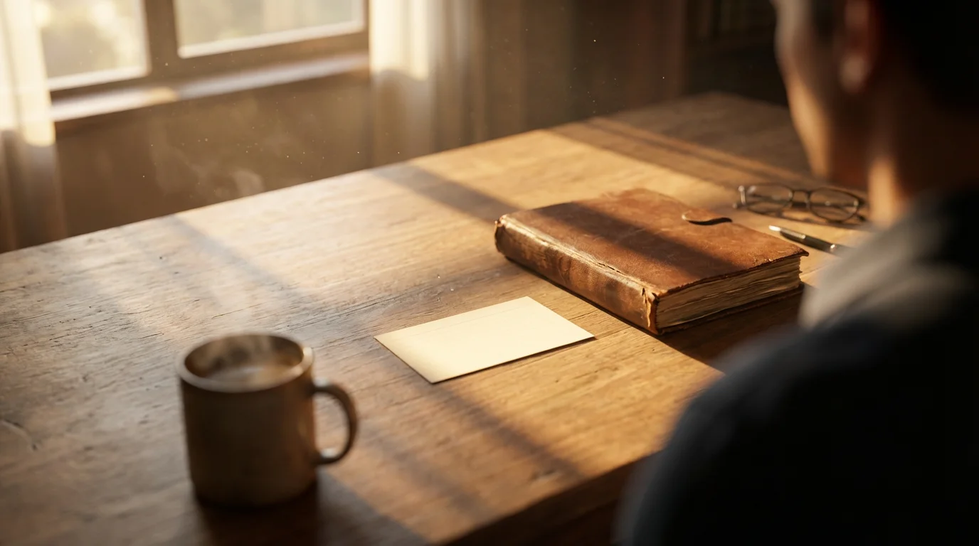 Over-the-shoulder photograph of a journal and index card on a desk during golden hour, emphasizing consistent habit rituals.