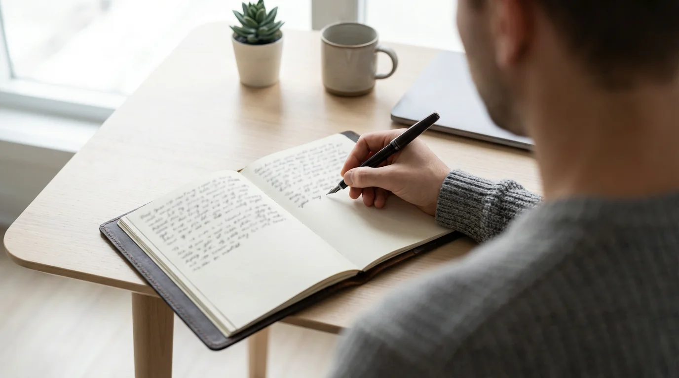 Over-the-shoulder photograph of a person writing in a journal, emphasizing the identity-based habit.