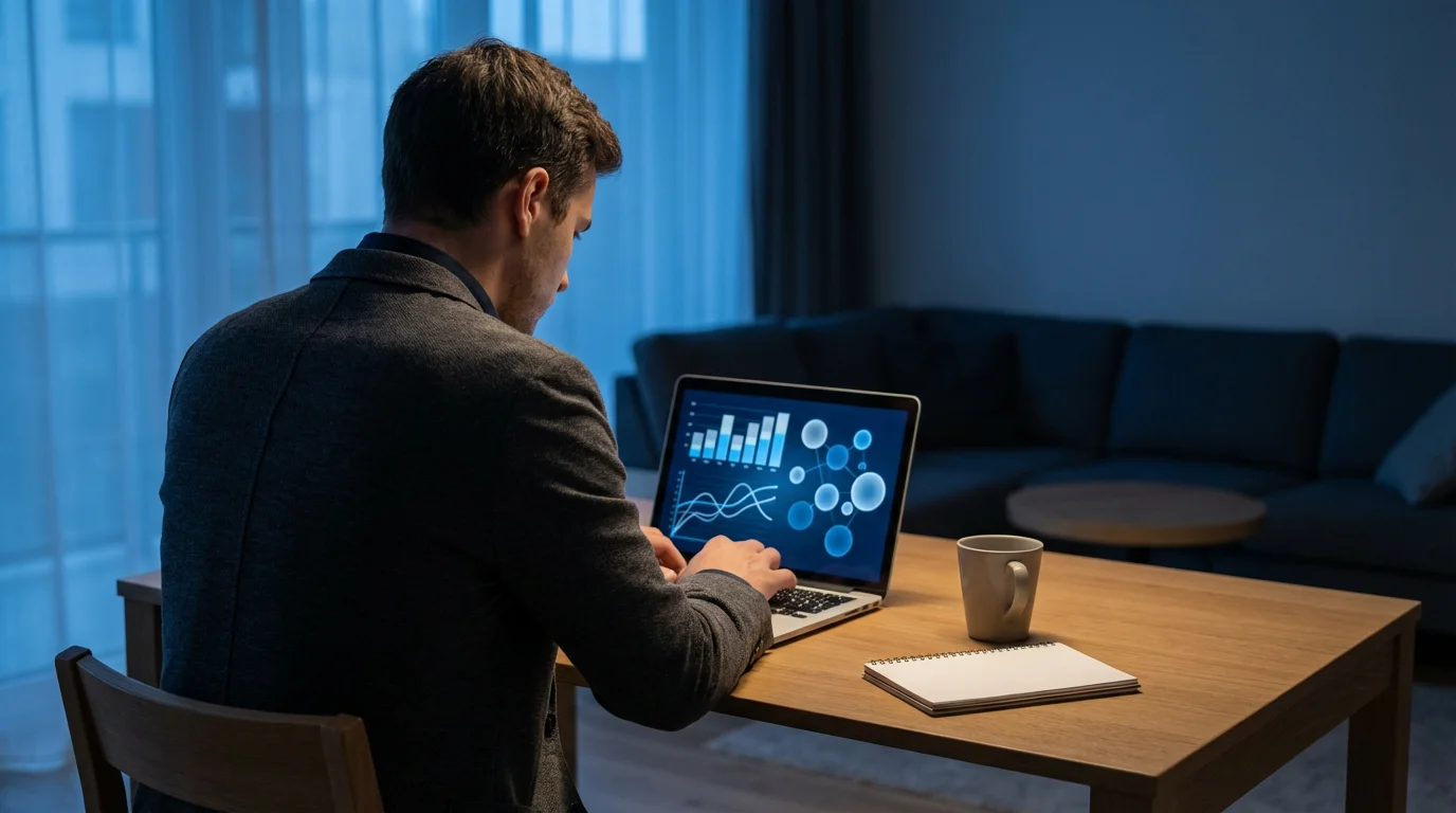 Over-the-shoulder photograph of a person analyzing time data on a laptop during blue hour.